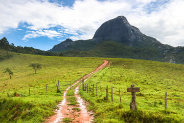 Lonely road with mountain in the countryside, Aiuruoca/MG, Brazil