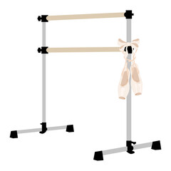 Ballet barre, and pointe shoes studio equipment ballerina room, vector illustration, wood amd metal © Maria