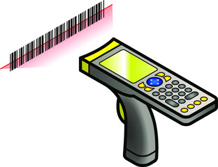 A hand held barcode scanner / gun with keypad and screen.