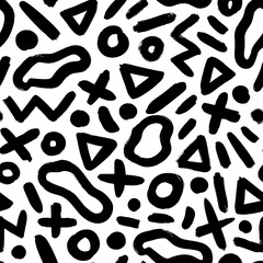 Fond de style memphis motif géométrique. Motif noir vectorielle continue abstraite. Coup de pinceau droit grunge, triangles, cercles, points, formes fluides, lignes en zigzag. Illustration à l& 39 encre dans le style des années 80-90