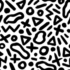 Poster Style Memphis Fond de style memphis motif géométrique. Motif noir vectorielle continue abstraite. Coup de pinceau droit grunge, triangles, cercles, points, formes fluides, lignes en zigzag. Illustration à l& 39 encre dans le style des années 80-90