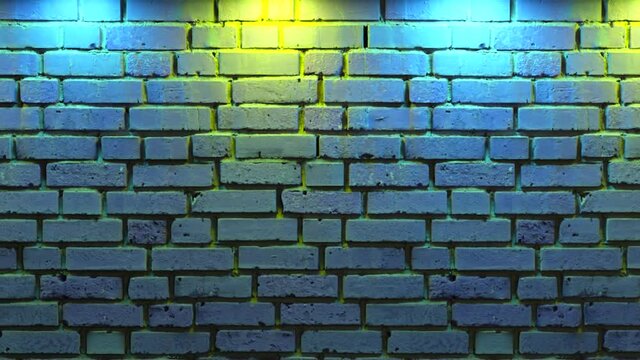 Empty brick wall with neon light, copy space. Light effect on a brick wall background. Modern light spectrum. Empty background. Seamless loop 3d render.