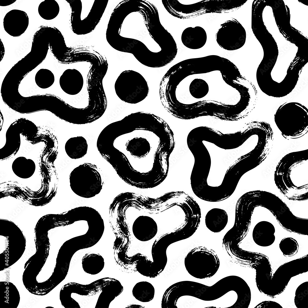Poster hand drawn fluid shapes and dots seamless pattern. black vector ink illustration. wave grunge circle