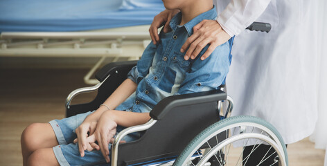 Doctor motivate disabled person patient leg at hospital, Muscle weakness