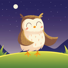 cute owl bird cartoon animal in the grass night sky