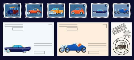 Postal stams collection isolated set of vector illustrations. Vintage postage stamps with retro cars. Envelopes and empty postcards and rubber stamps. Retro letters, mail cards collection.