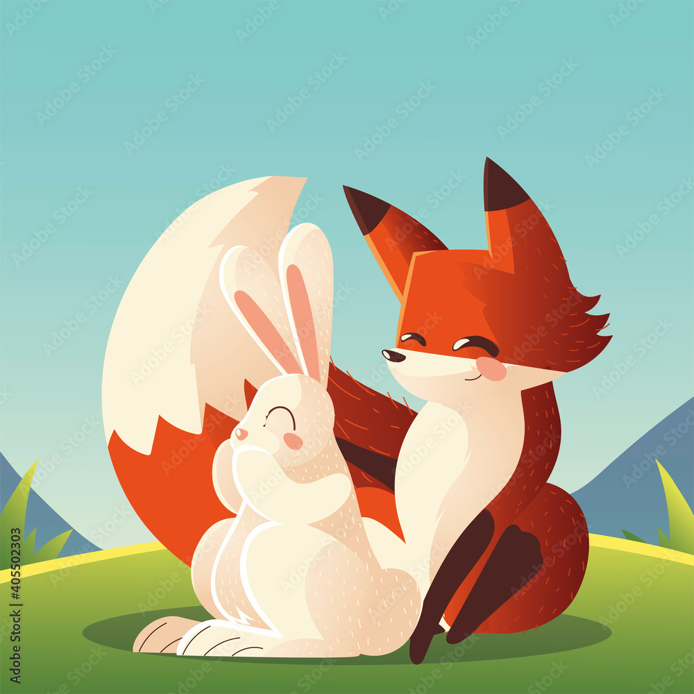 Sticker rabbit and fox sitting in the grass cartoon animals