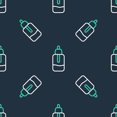 Line Essential oil bottle icon isolated seamless pattern on black background. Organic aromatherapy essence. Skin care serum glass drop package. Vector.