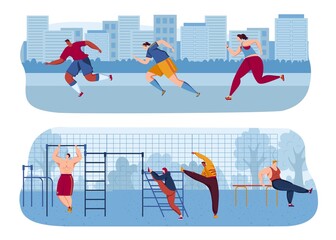 Street workout exercises vector illustration. People taking physical activity in outdoor workout area. Training, exercises, physical education lesson. Fitness, jogging, healthy lifestyle.