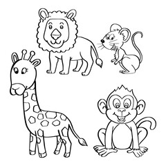 Hand drawn Wild Animals Collection Coloring  page for kids