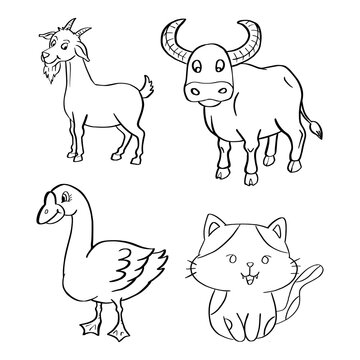 Hand drawn Farm Animals Collection Coloring  page for kids