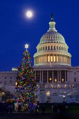 Waxing Moon Rises Over the US Capitol and Capitol Christmas Tree
