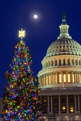 Waxing Moon Rises Over the US Capitol and Capitol Christmas Tree