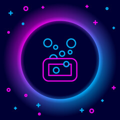 Glowing neon line Bar of soap icon isolated on black background. Soap bar with bubbles. Colorful outline concept. Vector.