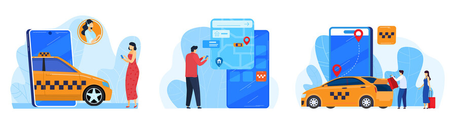 Online taxi car order service application vector illustration. Taxi yellow cab and GPS route point pins on smartphone. Urban city transport call. Transfer auto location in app in smartphone.