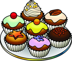 A platter of assorted cupcakes.