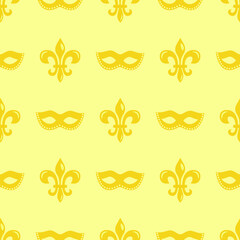 Mardi Gras seamless pattern with carnival masks and heraldic lily; for wrapping paper, greeting cards, invitations, posters, banners. - 405504122