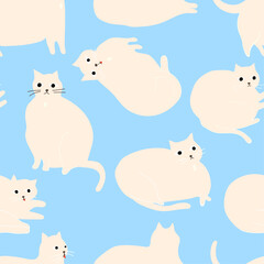 Vector animal seamless pattern. Cute pink fat cats repeated on the blue background. Simple and stylish Scandinavian print.