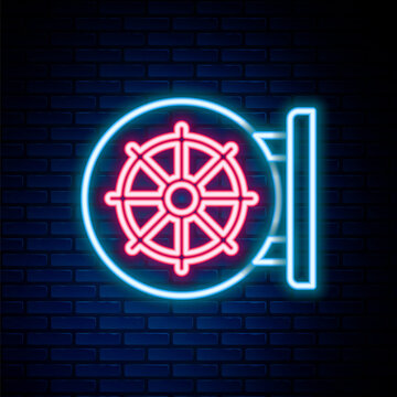 Glowing neon line Dharma wheel icon isolated on brick wall background. Buddhism religion sign. Dharmachakra symbol. Colorful outline concept. Vector.