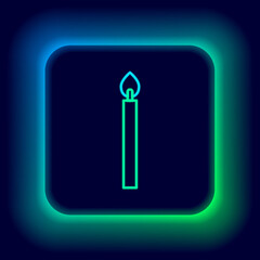 Glowing neon line Burning candle icon isolated on black background. Cylindrical candle stick with burning flame. Colorful outline concept. Vector.