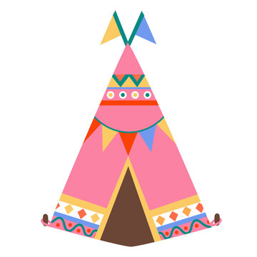 Vector Teepee with Colorful Ornaments in Flat Cartoon Style.Tribal Pink West House.American Native Tent for Wild Life. Isolated on White Background. 