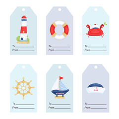 Vector Templates of Nautical Elements.Cute Flat Gift Labels with Marine Animals and Clip Arts.Isolated on white background. Funny Sea Cartoon  Postcard.Objects of Ocean Life.