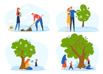 Tree life cycle, growth metaphor, grow stages of people and tree from seed to large plant, Couple, young family and gandparents with grandchildren growing tree. Years of life.