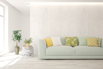 White living room with sofa. Scandinavian interior design. 3D illustration