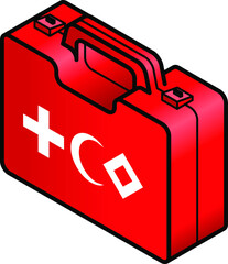 First aid kit in red with all three official cross/crescent/crystal symbols in white. © Zern Liew
