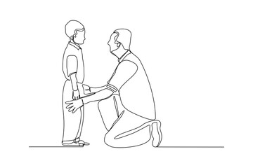 Continuous line drawing of young dad giving some wise advice talk to his child. Happy family parenting concept. Trendy single one line draw design graphic vector illustration
