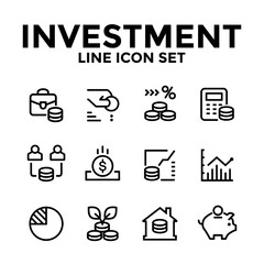 Investment line icon set, Solid icon include money growth, coin, piggy bank, graph, savings and more design illustration vector on white background