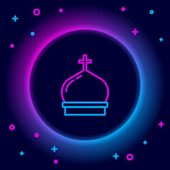 Glowing neon line Christian church tower icon isolated on black background. Religion of church. Colorful outline concept. Vector.