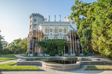 Fototapeta premium Castle Hluboka, historic chateau in Hluboka nad Vltavou, South Bohemia, Czech Republic, sunny summer weather.
