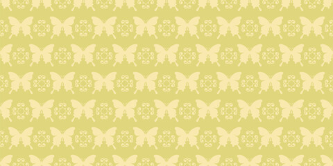 Gute background pattern with butterflies. yellow green shades. Seamless wallpaper texture. Vector illustration