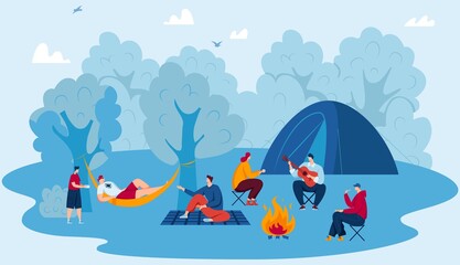 Camp in forest, travel adventure, tourism vector illustration. Campsite, hiking and outdoor recreation concept with camping travellers in summer, tent, fireplace in nature. Wild landscape vacation.