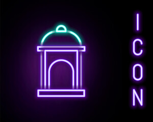 Glowing neon line Muslim Mosque icon isolated on black background. Colorful outline concept. Vector.