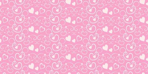 Cute pink abstract background pattern with curls and hearts. Seamless wallpaper texture. Vector image