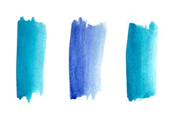 Blue watercolor stripes. Bright wide brush strokes on a white background. Abstract handmade design