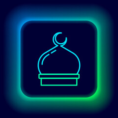 Glowing neon line Muslim Mosque icon isolated on black background. Colorful outline concept. Vector.