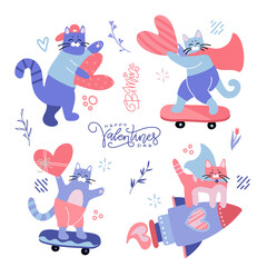 Cute humor cartoon illustrations set with teenage cats and hearts. Valentine, love, heartbreaker. Perfect for stickers and patches. Doodle flat vector vector collection. Hand drawn characters.