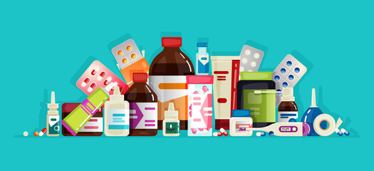 Pharmacy items. Medicines, medical products. Composition. Vector illustration in flat cartoon style.