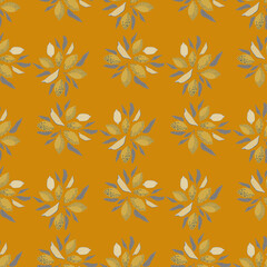 Organic citrus seamless pattern with simple lemons shapes and leaves. Orange background.