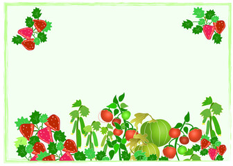 Banner of vegetables and berries - hand drawn cartoon color illustration.