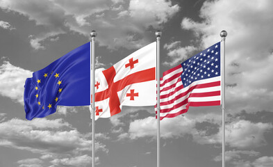 Three realistic flags. Three colored silky flags in the wind: USA (United States of America), EU (European Union) and Georgia. 3D illustration.