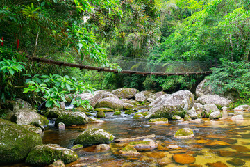 A wooden Suspension Bridge over a river in Trilha do Bonete - Ilhabela - Brazil