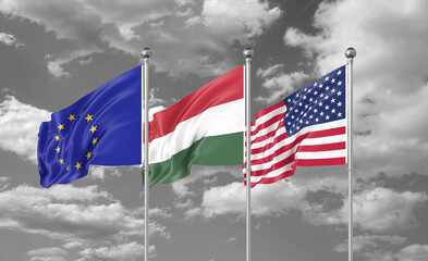 Three realistic flags. Three colored silky flags in the wind: USA (United States of America), EU (European Union) and Hungary. 3D illustration.