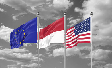 Three realistic flags. Three colored silky flags in the wind: USA (United States of America), EU (European Union) and Indonesia. 3D illustration.