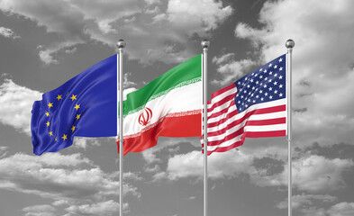 Three realistic flags. Three colored silky flags in the wind: USA (United States of America), EU (European Union) and Iran. 3D illustration.
