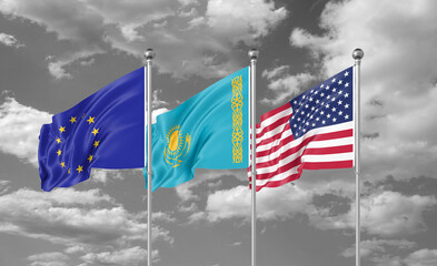 Three realistic flags. Three realistic flags. Three colored silky flags in the wind: USA (United States of America), EU (European Union) and Kazakhstan. 3D illustration.