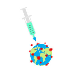 Coronavirus vaccine. Vaccinating earth. Syringe pierces Covid-19 bacteria. Cure for infection